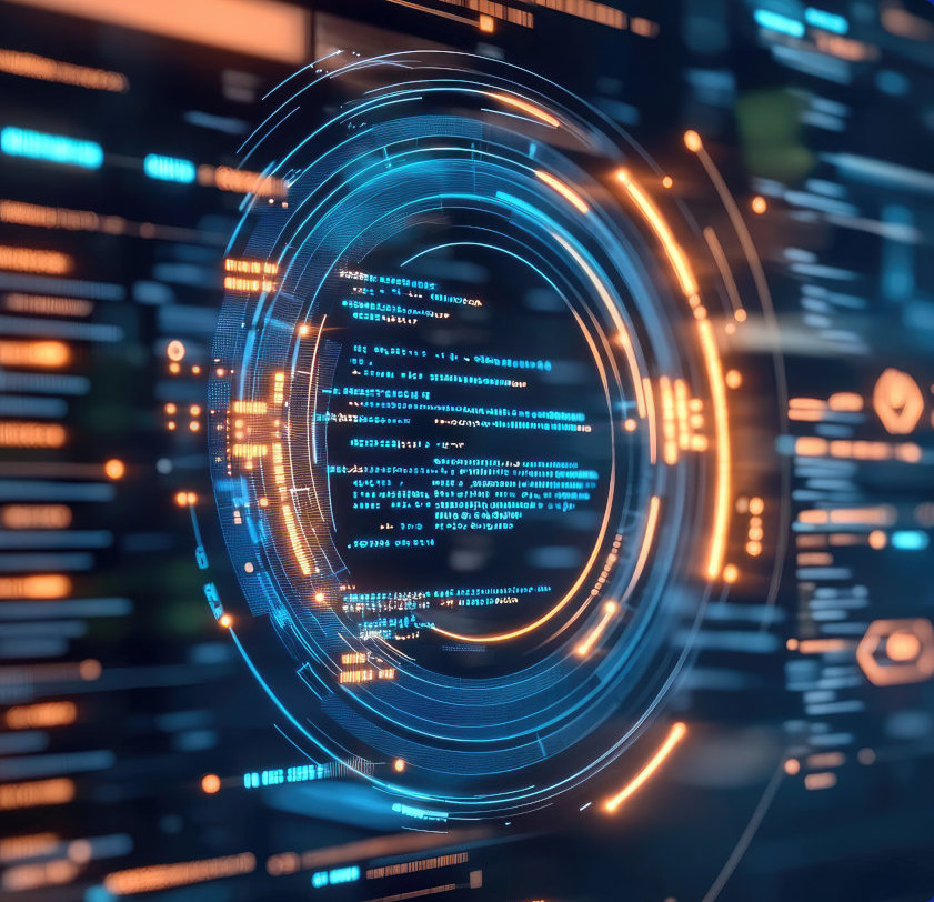Computer display filled with indecipherable tech looking lines with a central circle