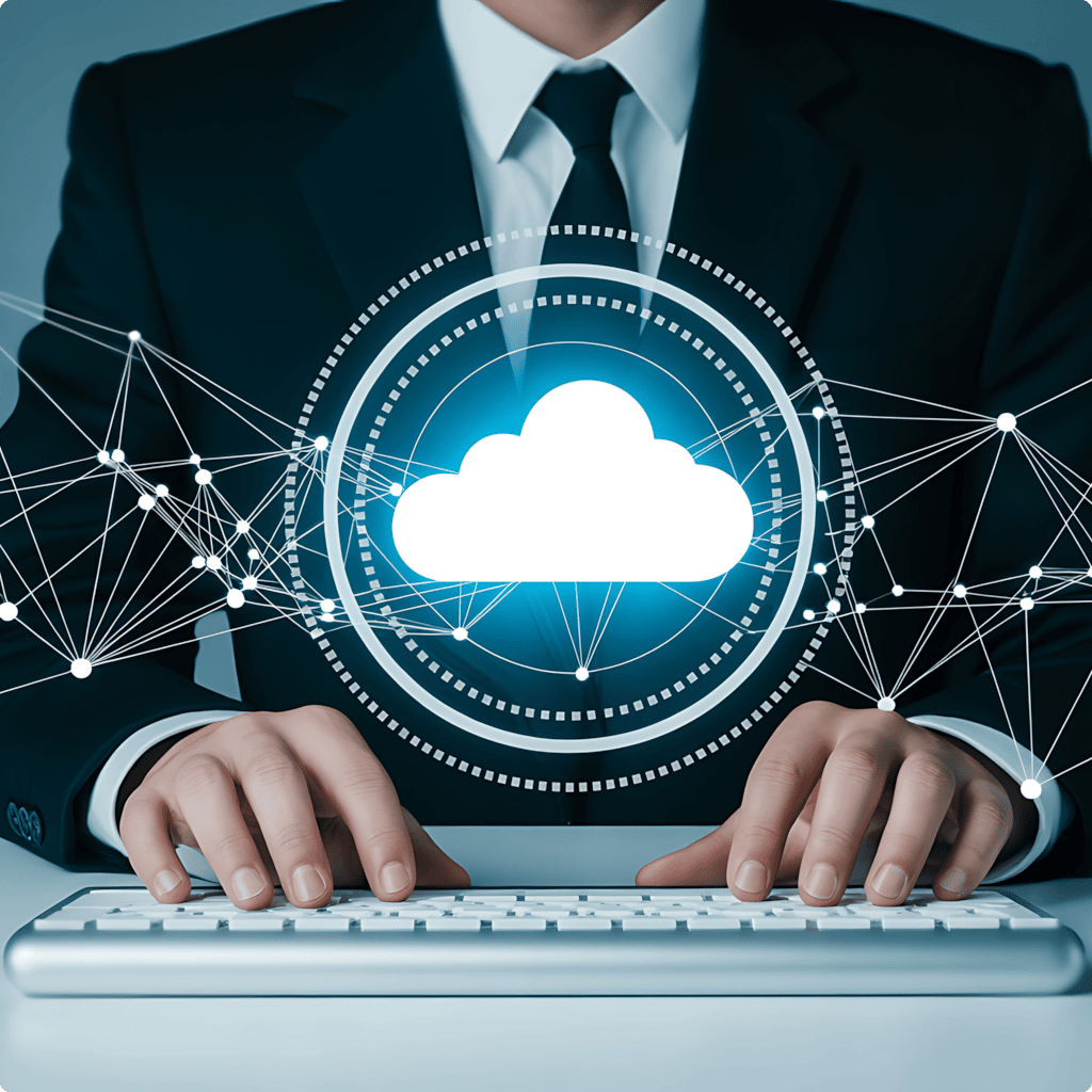 Photo of a man in a suit typing on a keyboard with a cloud floating above it representing cloud operations in progress